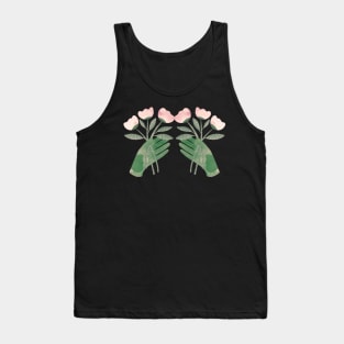 Green hands with powder pink flowers for you on black Tank Top